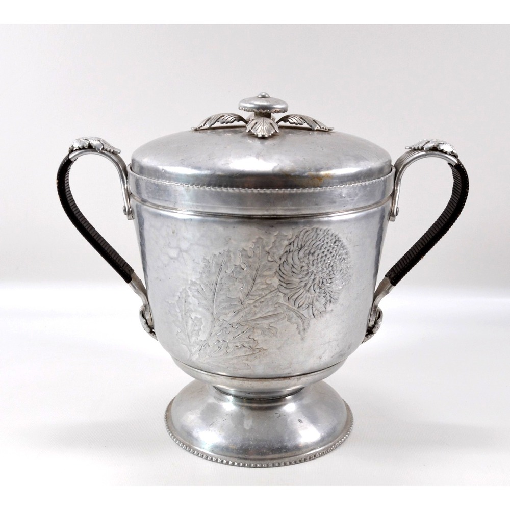 Vtg Continental Silverlook Hand Wrought Hammered Ice Bucket Tongs Decorative Lid